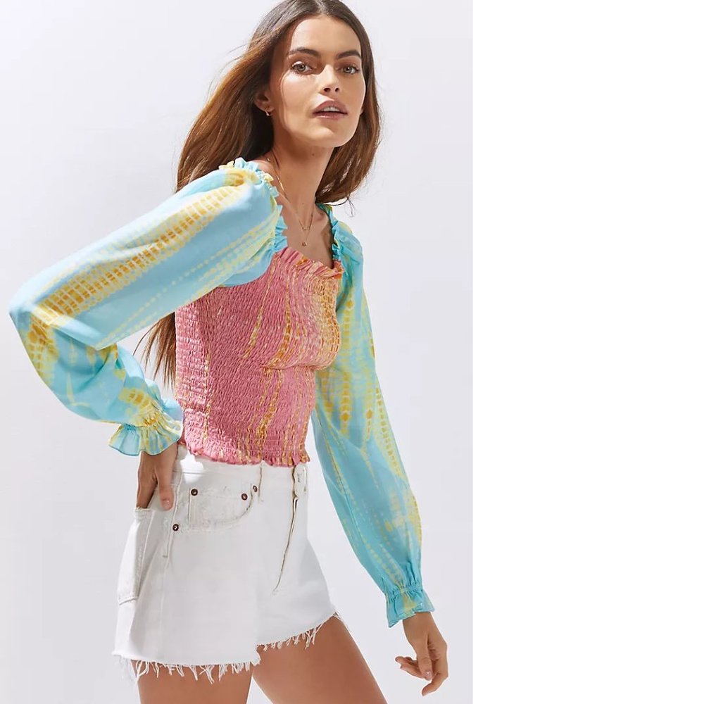 Smocked Pink & Blue Tie-Dye Long Sleeve Women's Top
